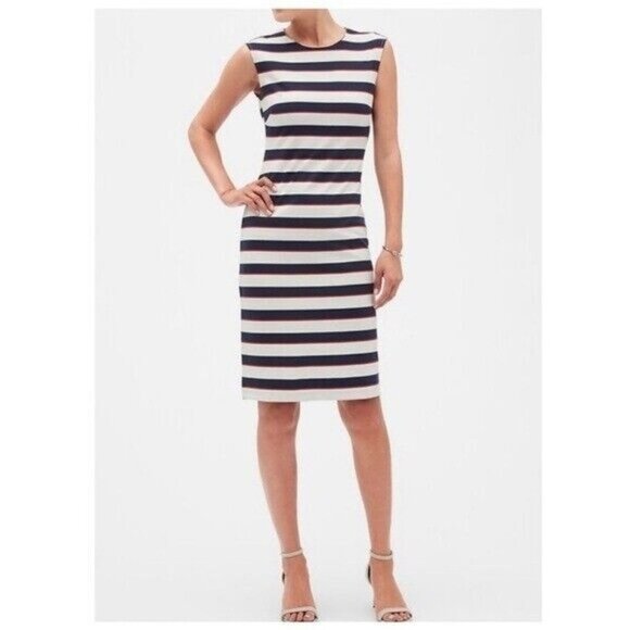 Banana Republic STRIPE SHEATH DRESS Color: White/Navy/Red Tweed Stripe Size 0 - Picture 1 of 14